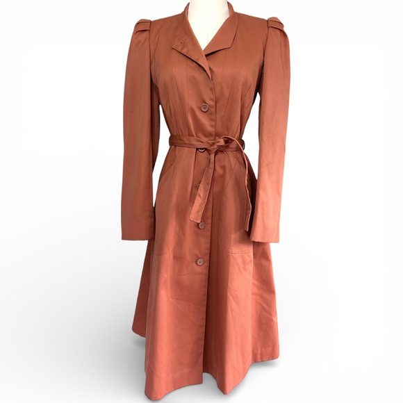 Vintage Jackets & Blazers - VINTAGE PBD INTERNATIONAL 90s Rust Belted Trench Coat Dress Parisian Retro Small